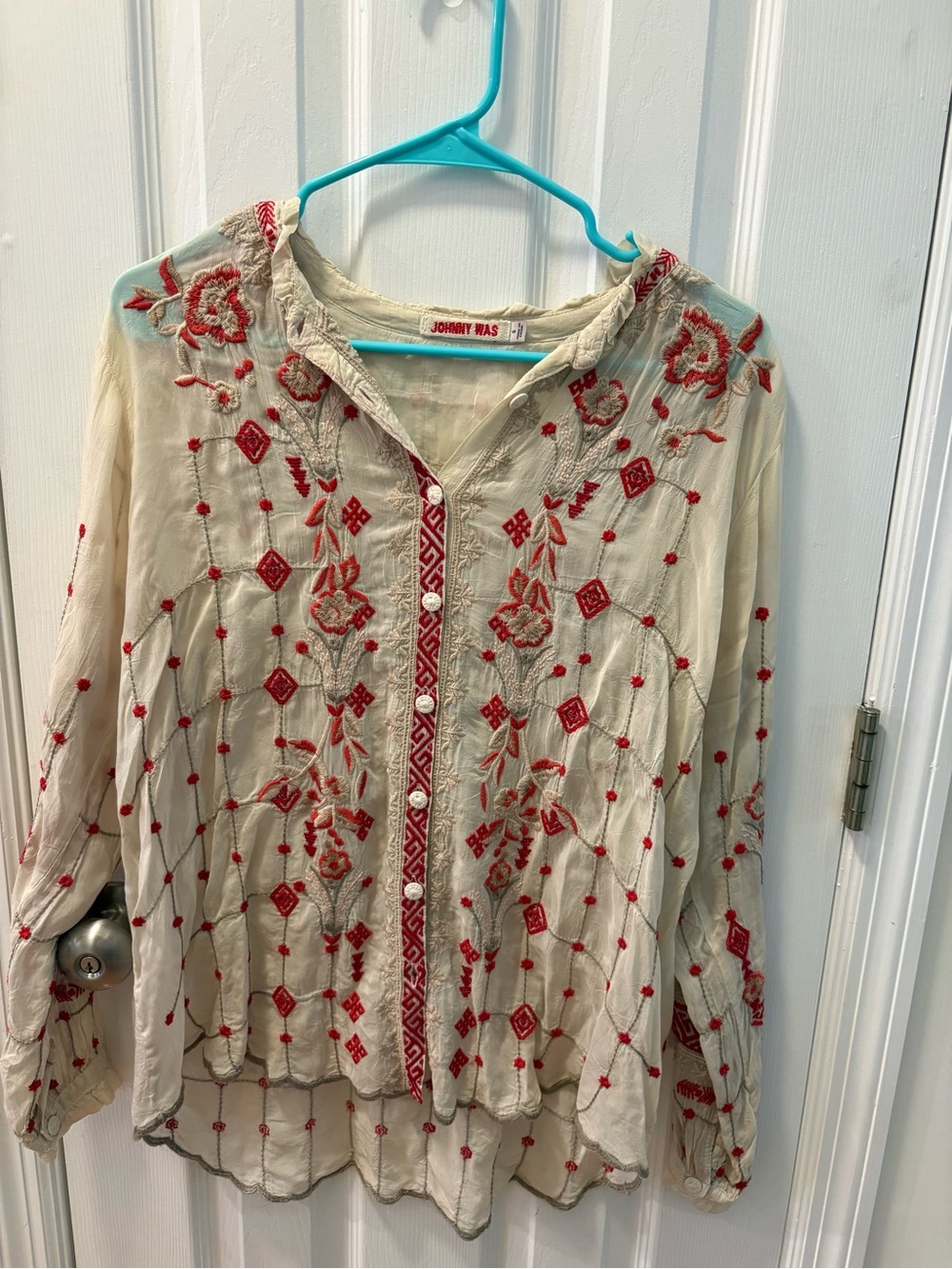Johnny Was Cream Tunic with Red Embroidery